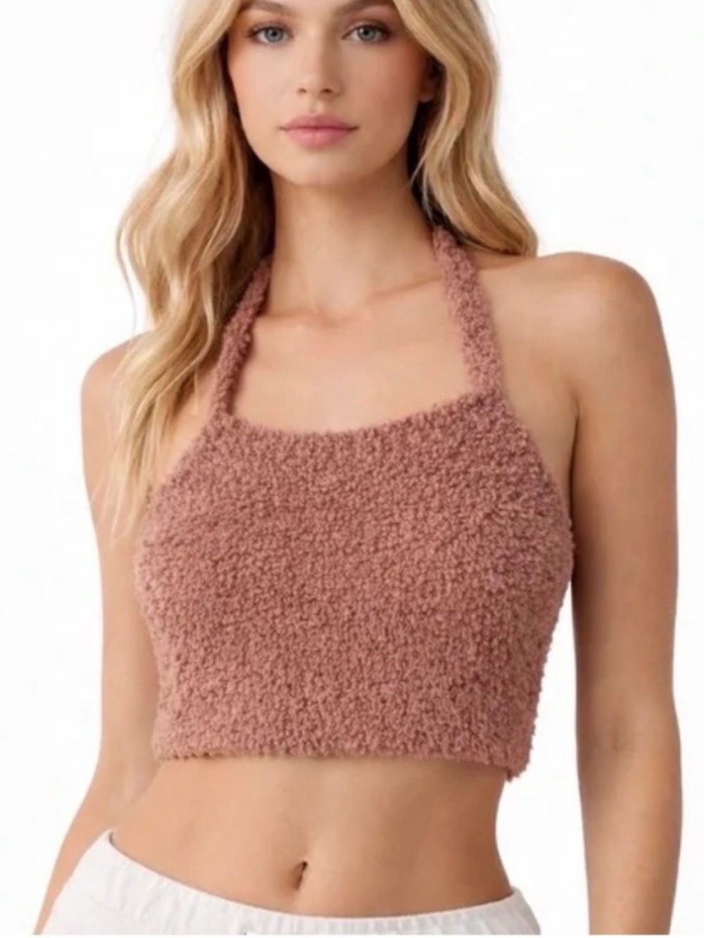 SKIMS Cozy Knit Halter Top Bra Rose Clay Nude Fuzzy Lounge Crop Top L/XL NWOT